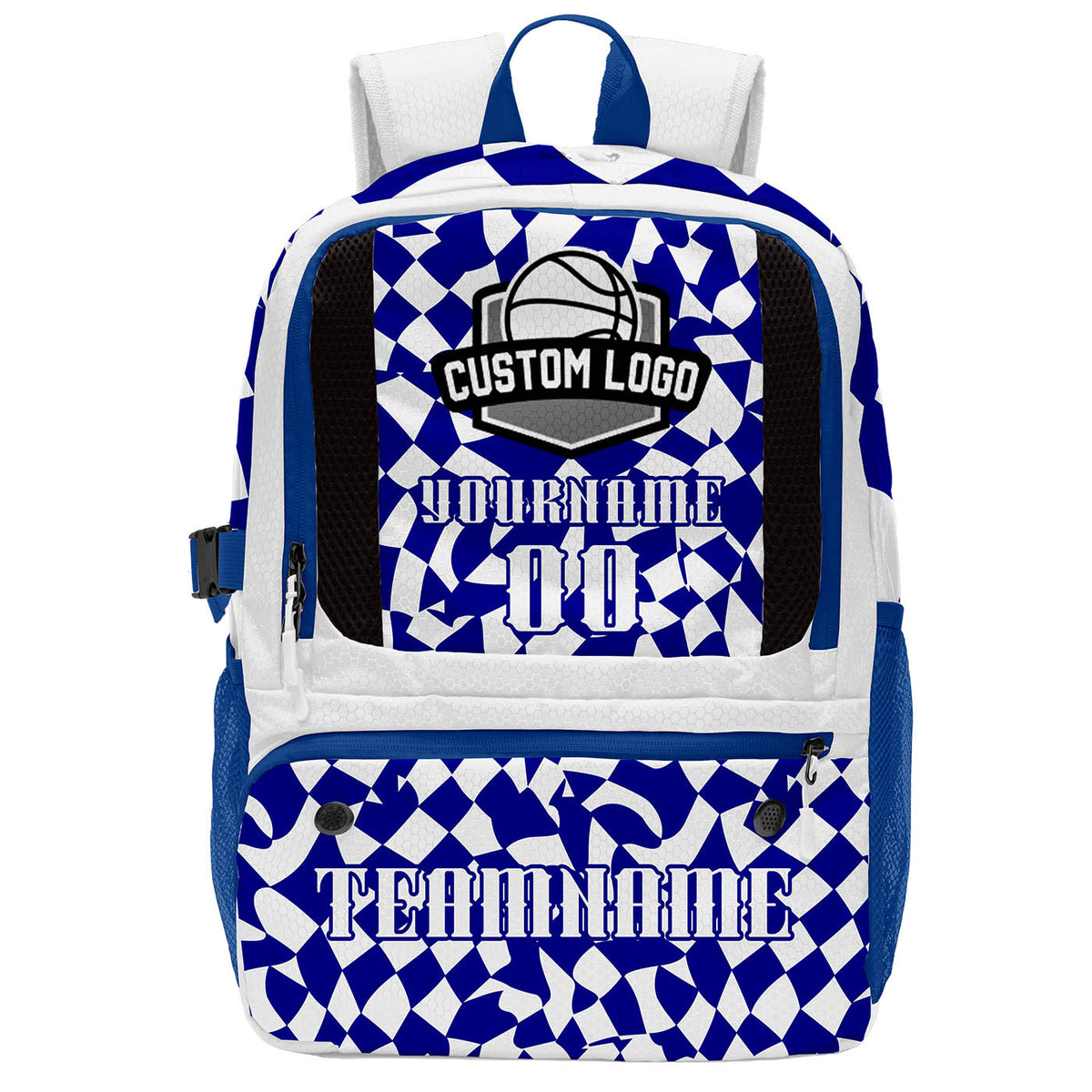 Custom White Blue Basketball Soccer Backpack Personalized Player Names Numbers Team Logo #BB-0919-0037
