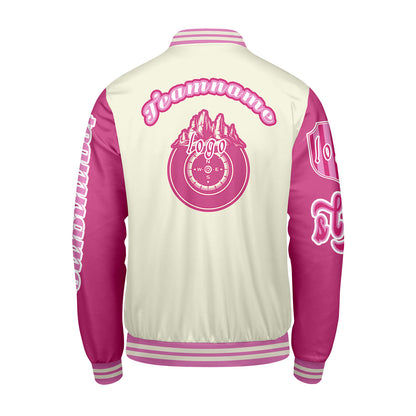 Custom White Pink Letterman Varsity Jacket Personalized Embroidery Printing