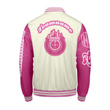Custom White Pink Letterman Varsity Jacket Personalized Embroidery Printing