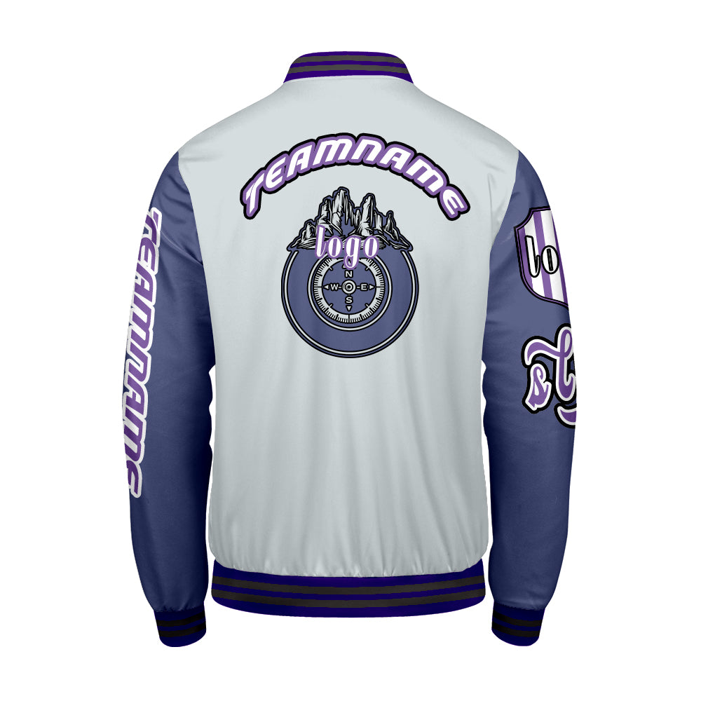 Custom Grey Purple Letterman Varsity Jacket Personalized Embroidery Printing