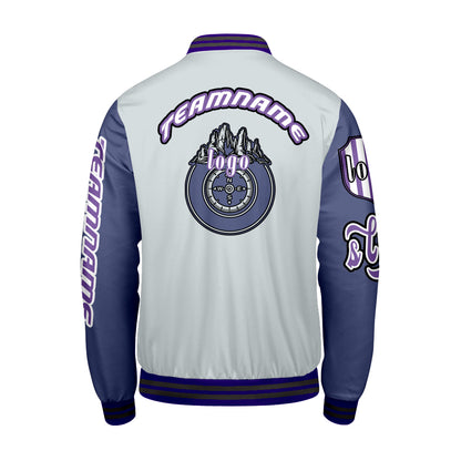 Custom Grey Purple Letterman Varsity Jacket Personalized Embroidery Printing