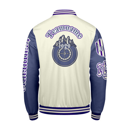 Custom White Purple Letterman Varsity Jacket Personalized Embroidery Printing