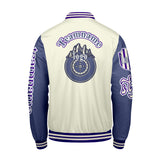 Custom White Purple Letterman Varsity Jacket Personalized Embroidery Printing