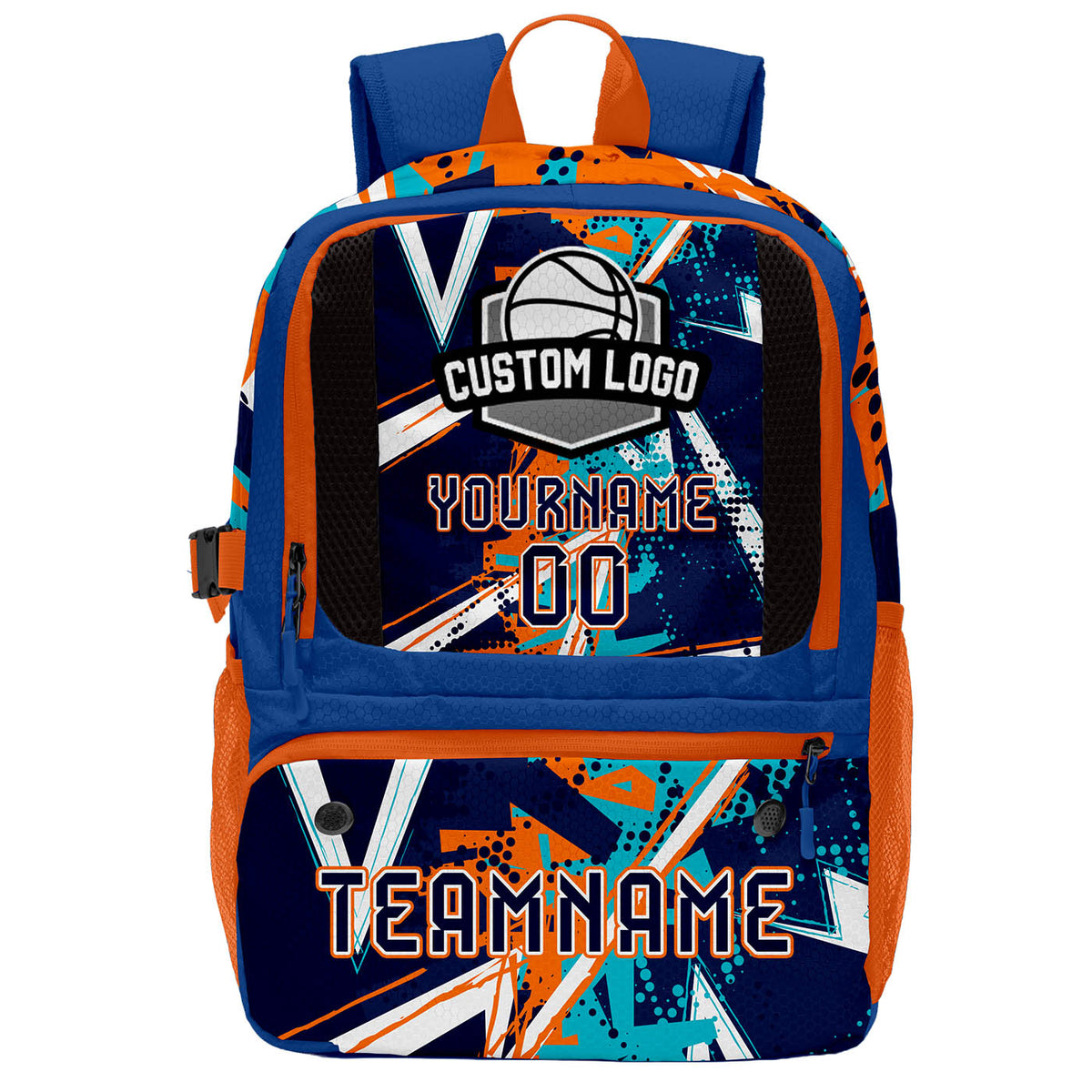 Custom Deep Blue Orange Basketball Soccer Backpack Personalized Player Names Numbers Team Logo #BB-0919-0014