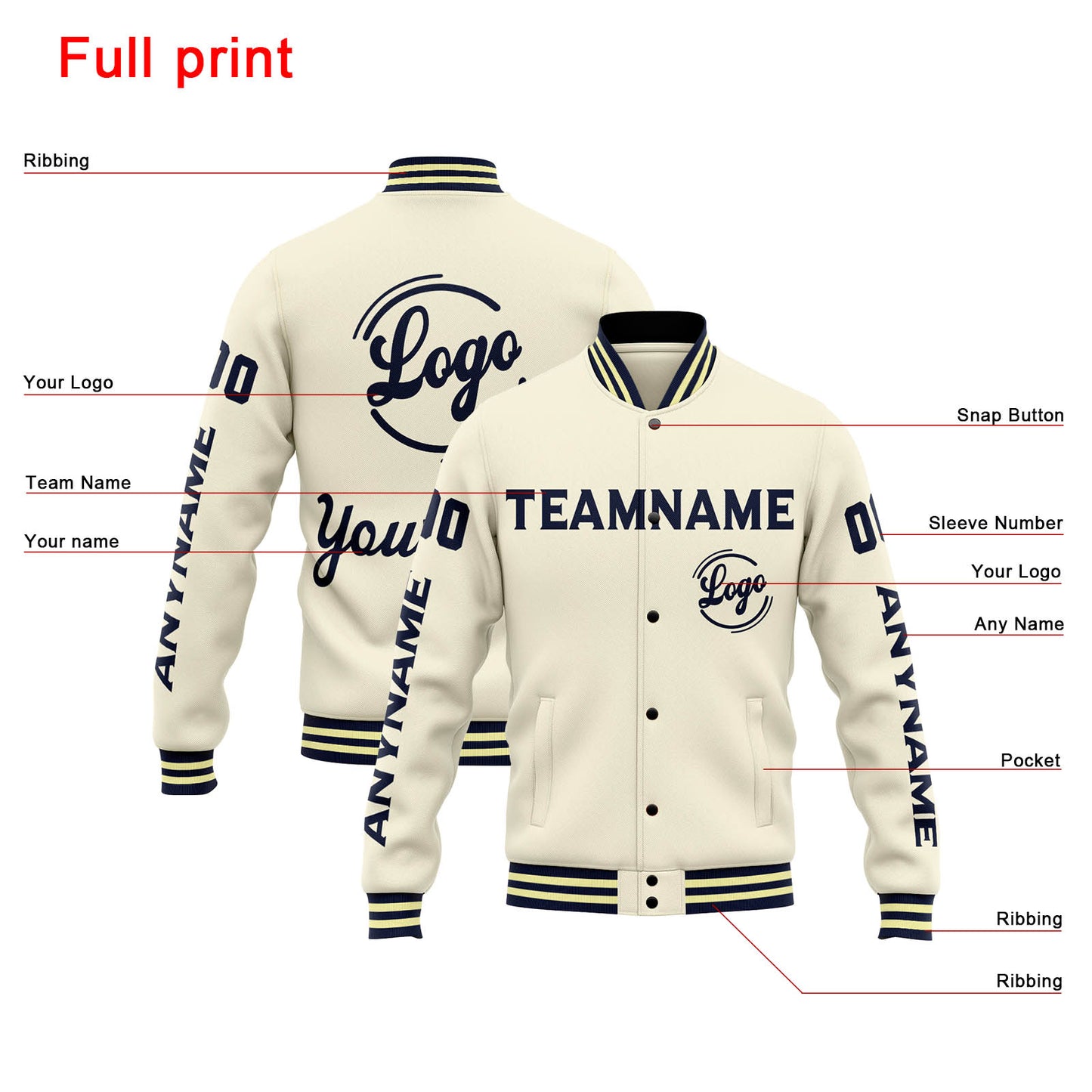 Custom Varsity Jacket Letterman jacket for Men, Women and Youth Cream Navy
