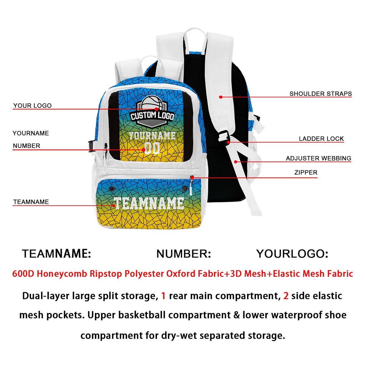 Custom Blue yellow Basketball Soccer Backpack Personalized Player Names - Numbers & Team Logo #150-BP-0914-0010