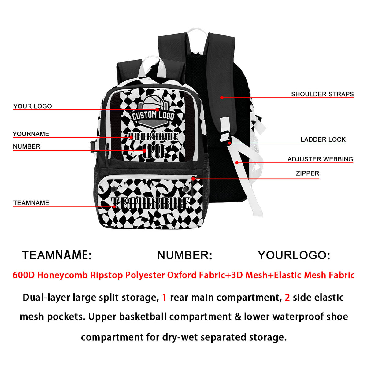 Custom Black White Basketball Soccer Backpack Personalized Player Names Numbers Team Logo #BB-0919-0001