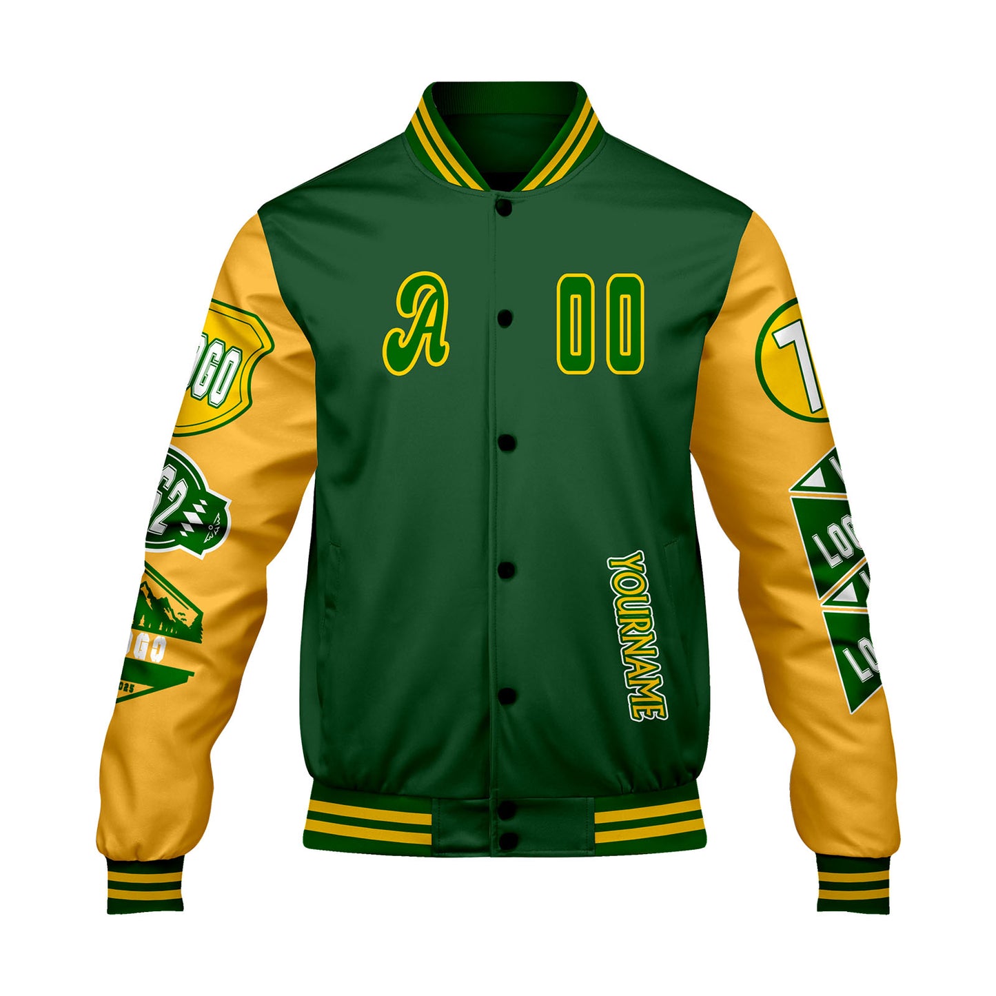 Custom Green Yellow Letterman Varsity Jacket Personalized Embroidery Printing