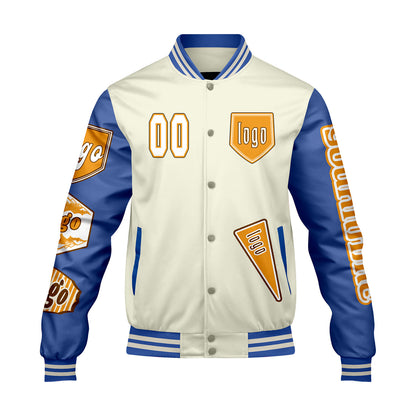 Custom White Bright Blue Letterman Varsity Jacket Personalized Embroidery Printing