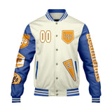 Custom White Bright Blue Letterman Varsity Jacket Personalized Embroidery Printing