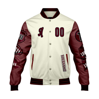 Custom White Burgundy Letterman Varsity Jacket Personalized Embroidery Printing