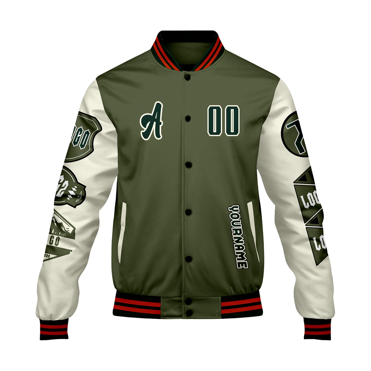 Custom Olive Green White Letterman Varsity Jacket Personalized Embroidery Printing