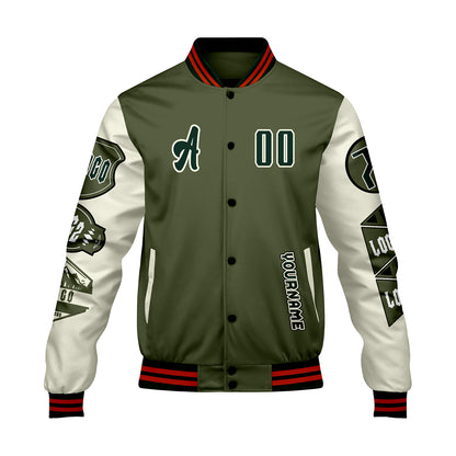 Custom Olive Green White Letterman Varsity Jacket Personalized Embroidery Printing