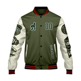 Custom Olive Green White Letterman Varsity Jacket Personalized Embroidery Printing