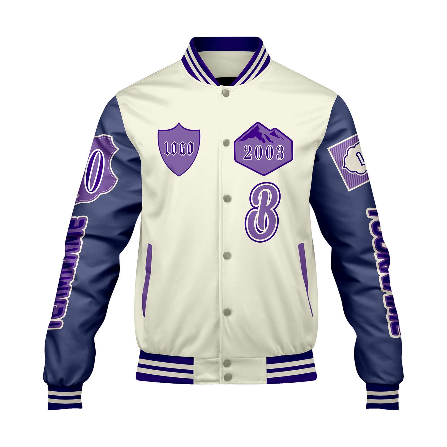 Custom White Purple Letterman Varsity Jacket Personalized Embroidery Printing