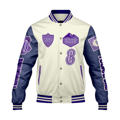Custom White Purple Letterman Varsity Jacket Personalized Embroidery Printing