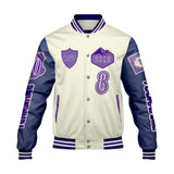 Custom White Purple Letterman Varsity Jacket Personalized Embroidery Printing