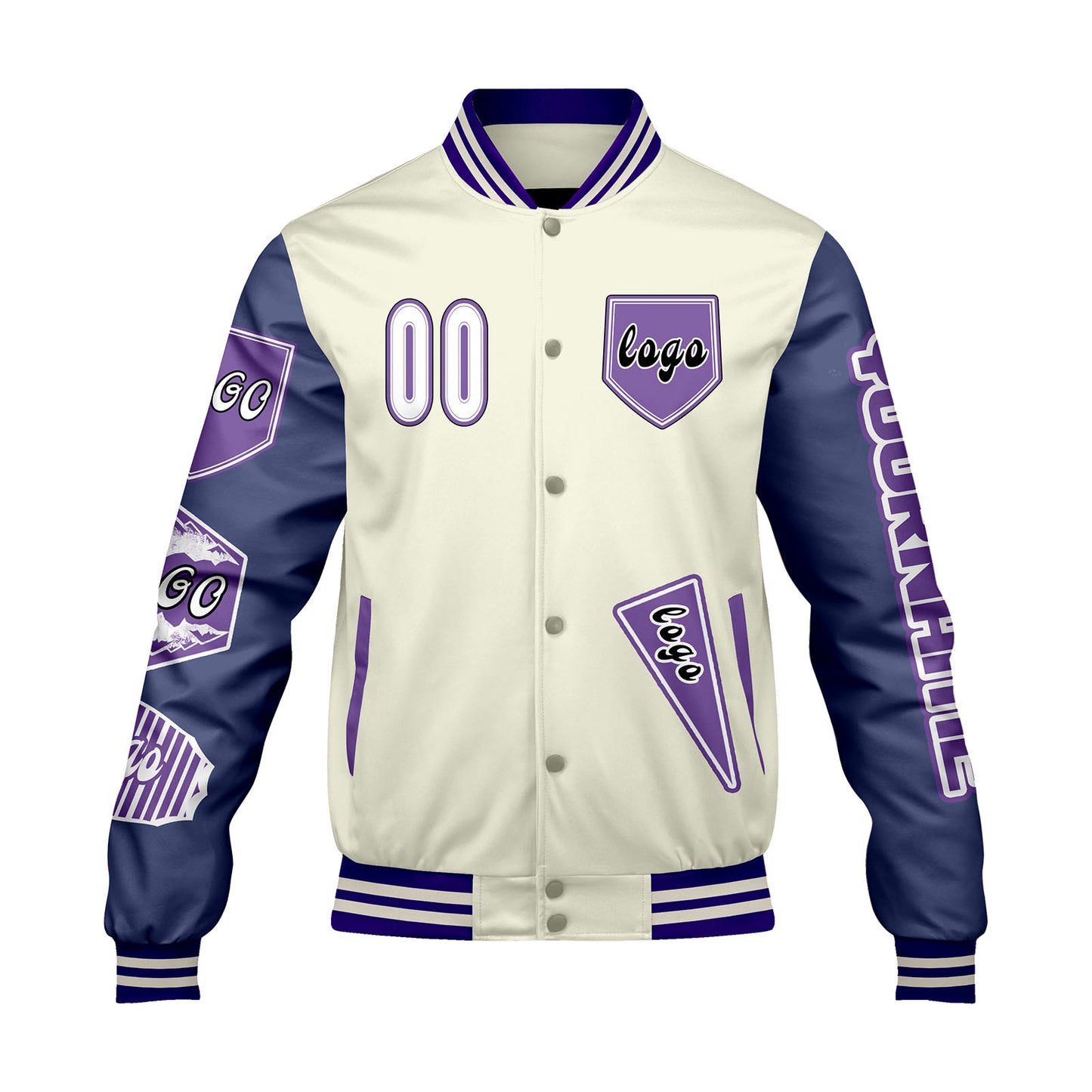 Custom White Purple Letterman Varsity Jacket Personalized Embroidery Printing