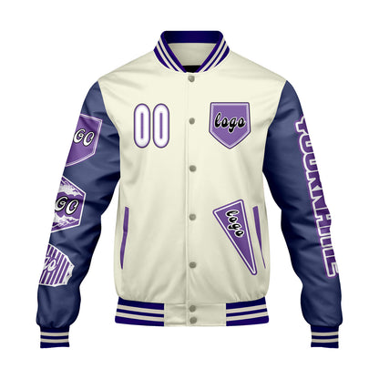 Custom White Purple Letterman Varsity Jacket Personalized Embroidery Printing