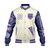 Custom White Purple Letterman Varsity Jacket Personalized Embroidery Printing