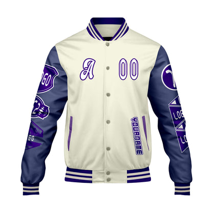 Custom White Purple Letterman Varsity Jacket Personalized Embroidery Printing