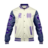 Custom White Purple Letterman Varsity Jacket Personalized Embroidery Printing