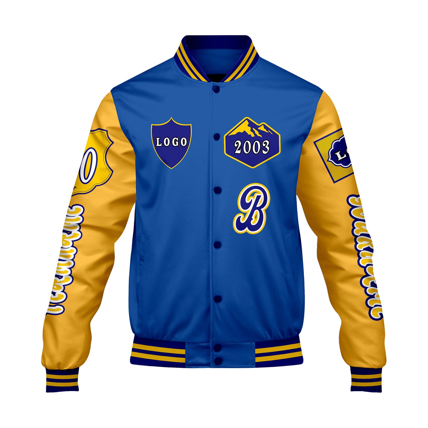 Custom Blue Yellow Letterman Varsity Jacket Personalized Embroidery Printing