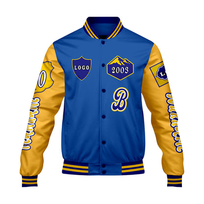 Custom Blue Yellow Letterman Varsity Jacket Personalized Embroidery Printing
