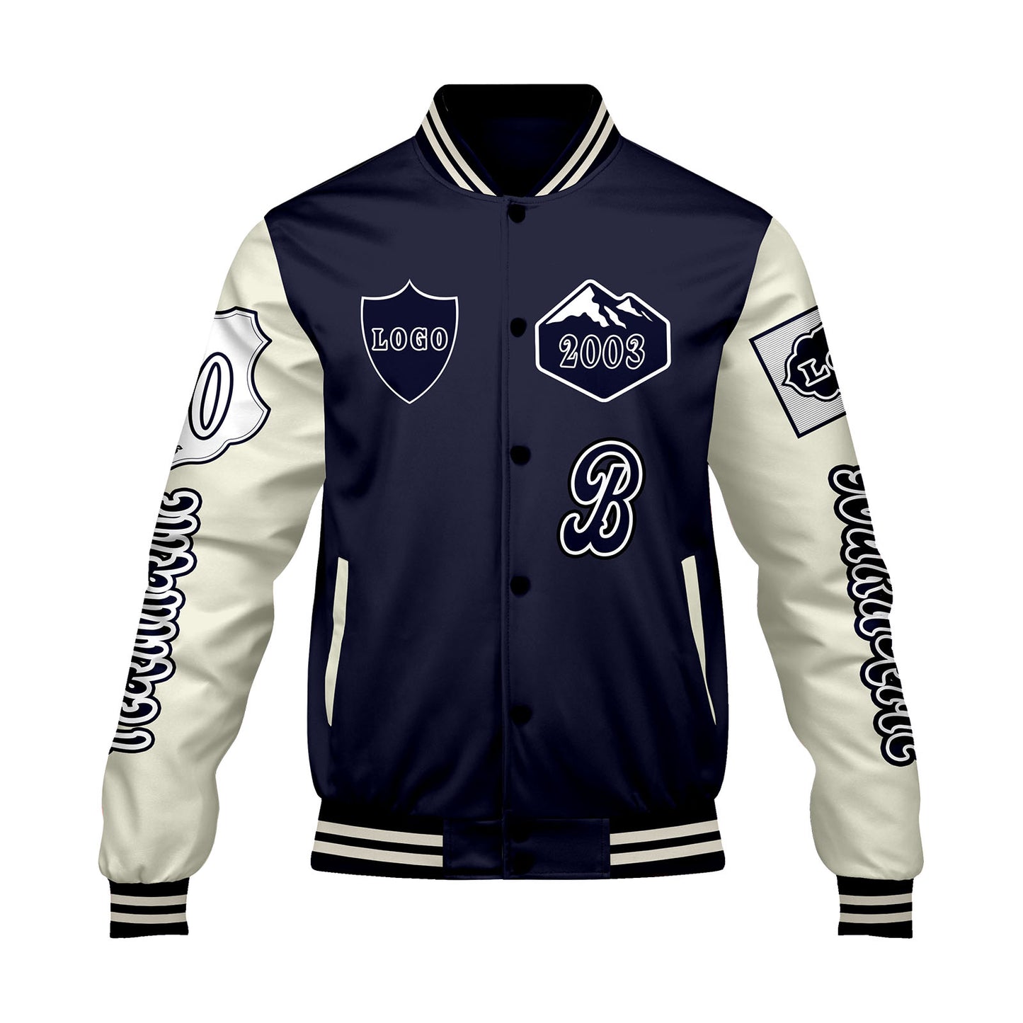 Custom Navy White Letterman Varsity Jacket Personalized Embroidery Printing