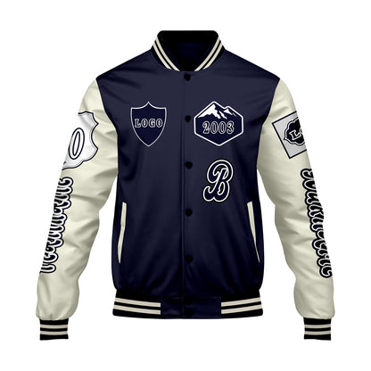 Custom Navy White Letterman Varsity Jacket Personalized Embroidery Printing