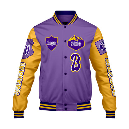 Custom Purple Yellow Letterman Varsity Jacket Personalized Embroidery Printing