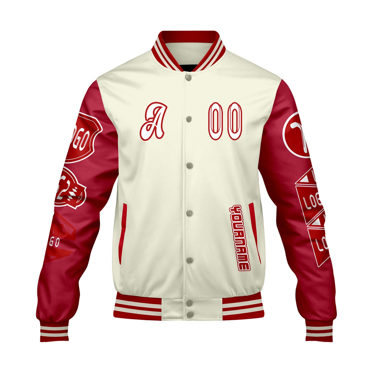 Custom White Bright Red Letterman Varsity Jacket Personalized Embroidery Printing