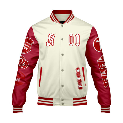 Custom White Bright Red Letterman Varsity Jacket Personalized Embroidery Printing