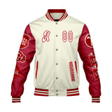 Custom White Bright Red Letterman Varsity Jacket Personalized Embroidery Printing