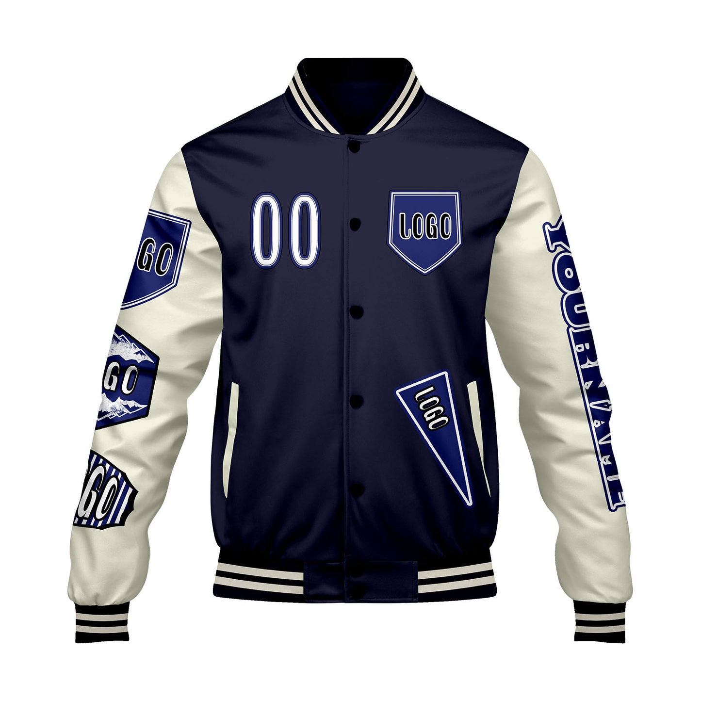 Custom Navy White Letterman Varsity Jacket Personalized Embroidery Printing