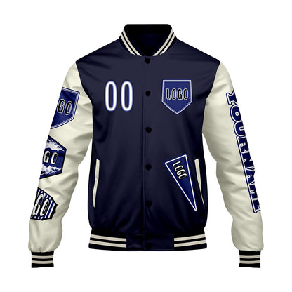 Custom Navy White Letterman Varsity Jacket Personalized Embroidery Printing