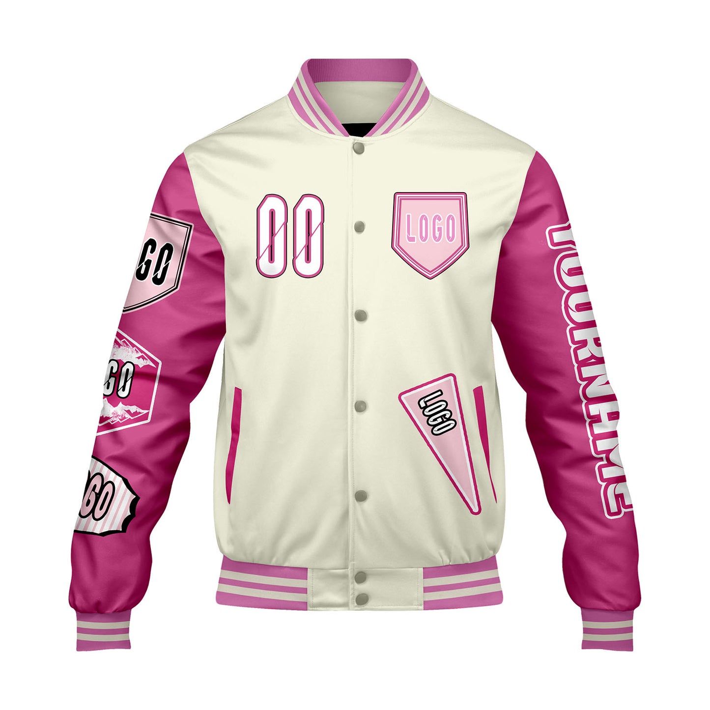 Custom White Pink Letterman Varsity Jacket Personalized Embroidery Printing