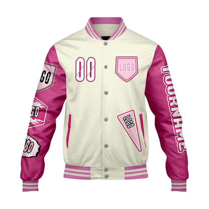 Custom White Pink Letterman Varsity Jacket Personalized Embroidery Printing