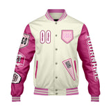 Custom White Pink Letterman Varsity Jacket Personalized Embroidery Printing