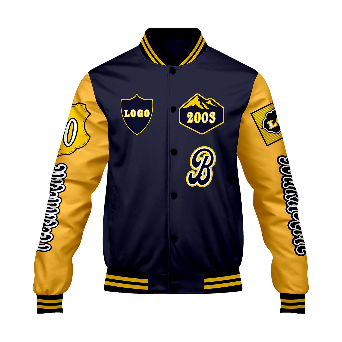 Custom Navy Yellow Letterman Varsity Jacket Personalized Embroidery Printing