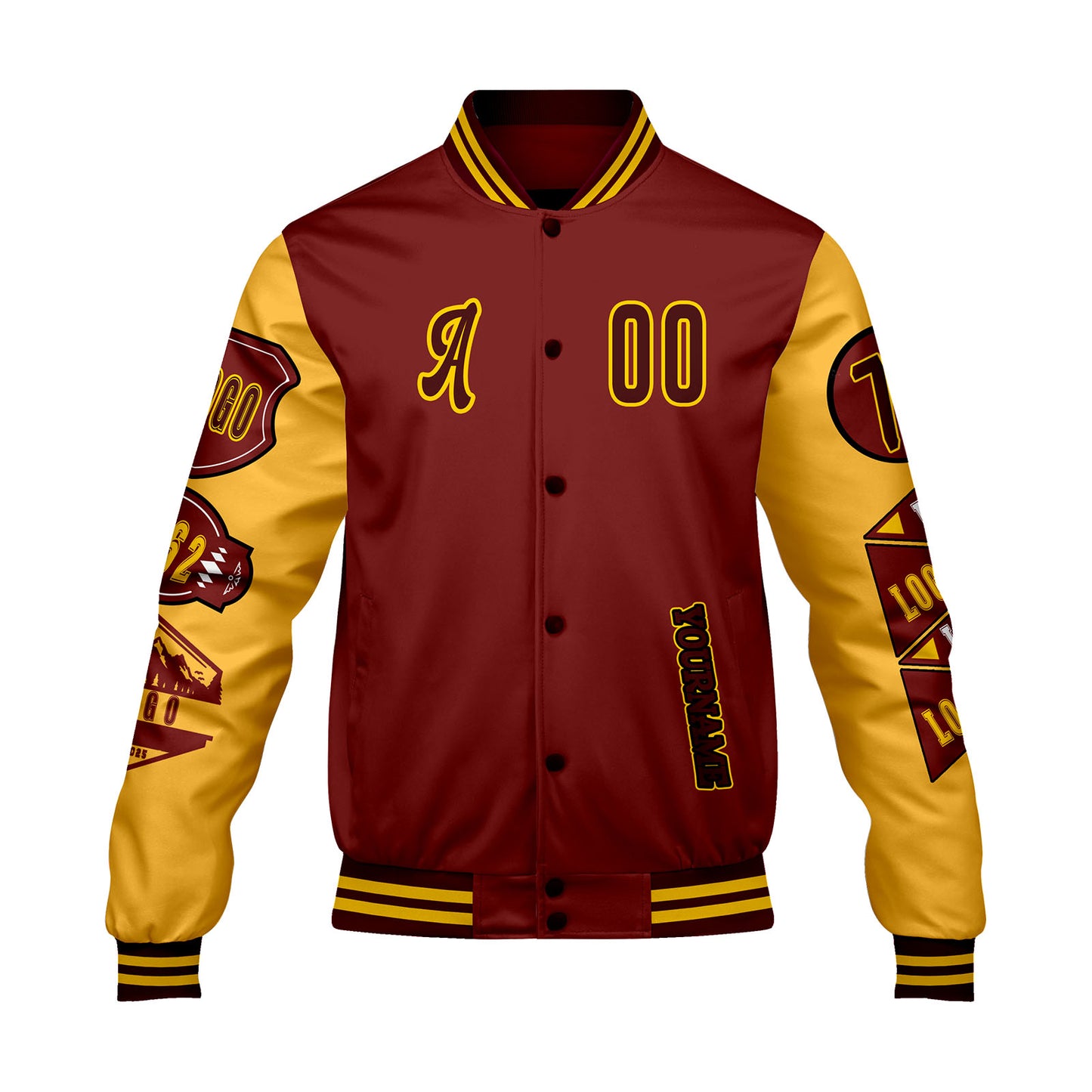 Custom Burgundy Yellow Letterman Varsity Jacket Personalized Embroidery Printing