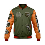Custom Olive Green Orange Letterman Varsity Jacket Personalized Embroidery Printing