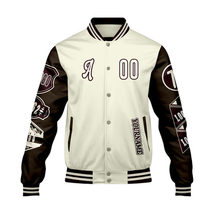 Custom White Brown Letterman Varsity Jacket Personalized Embroidery Printing