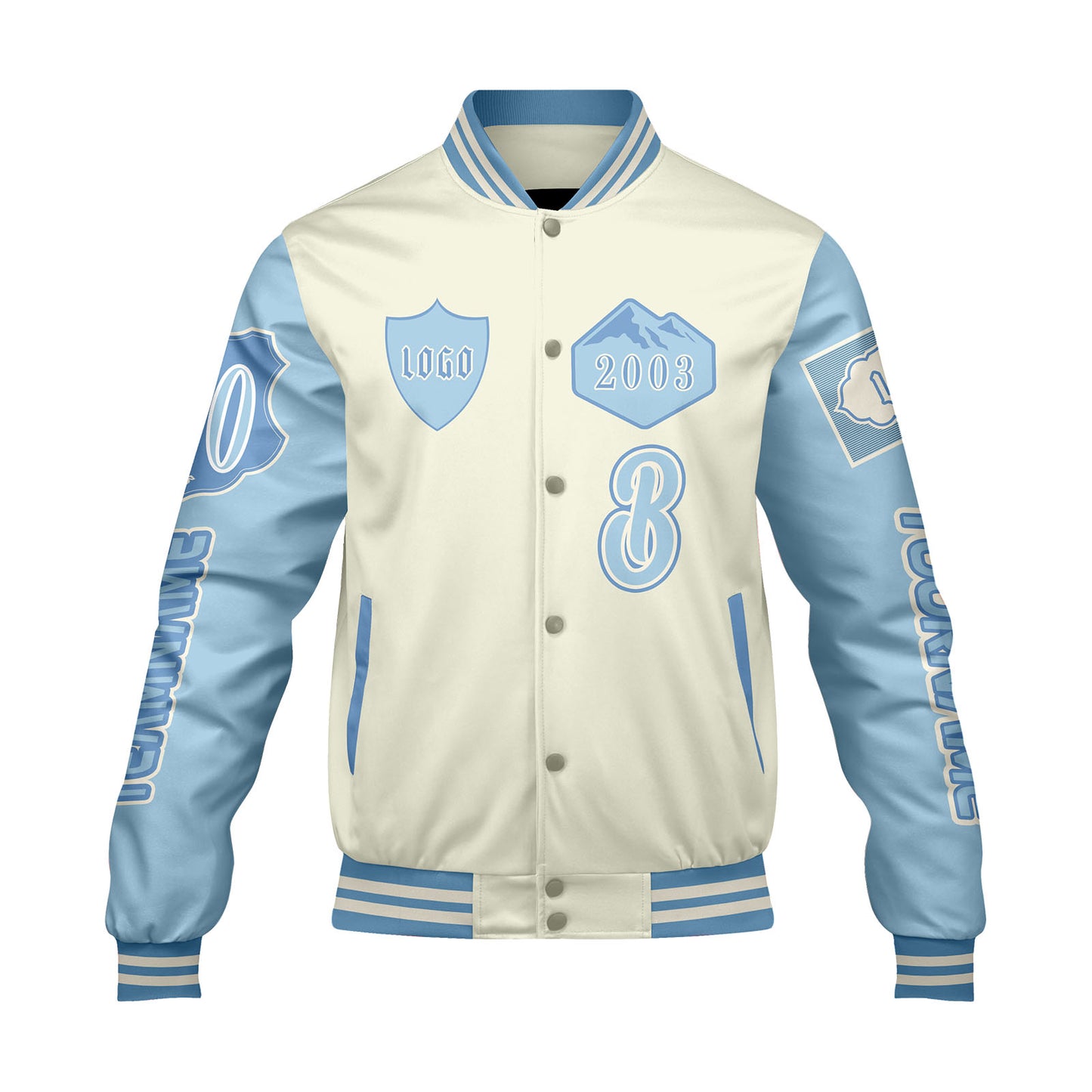 Custom White Blue Letterman Varsity Jacket Personalized Embroidery Printing