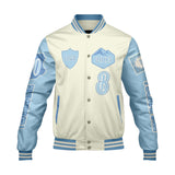Custom White Blue Letterman Varsity Jacket Personalized Embroidery Printing
