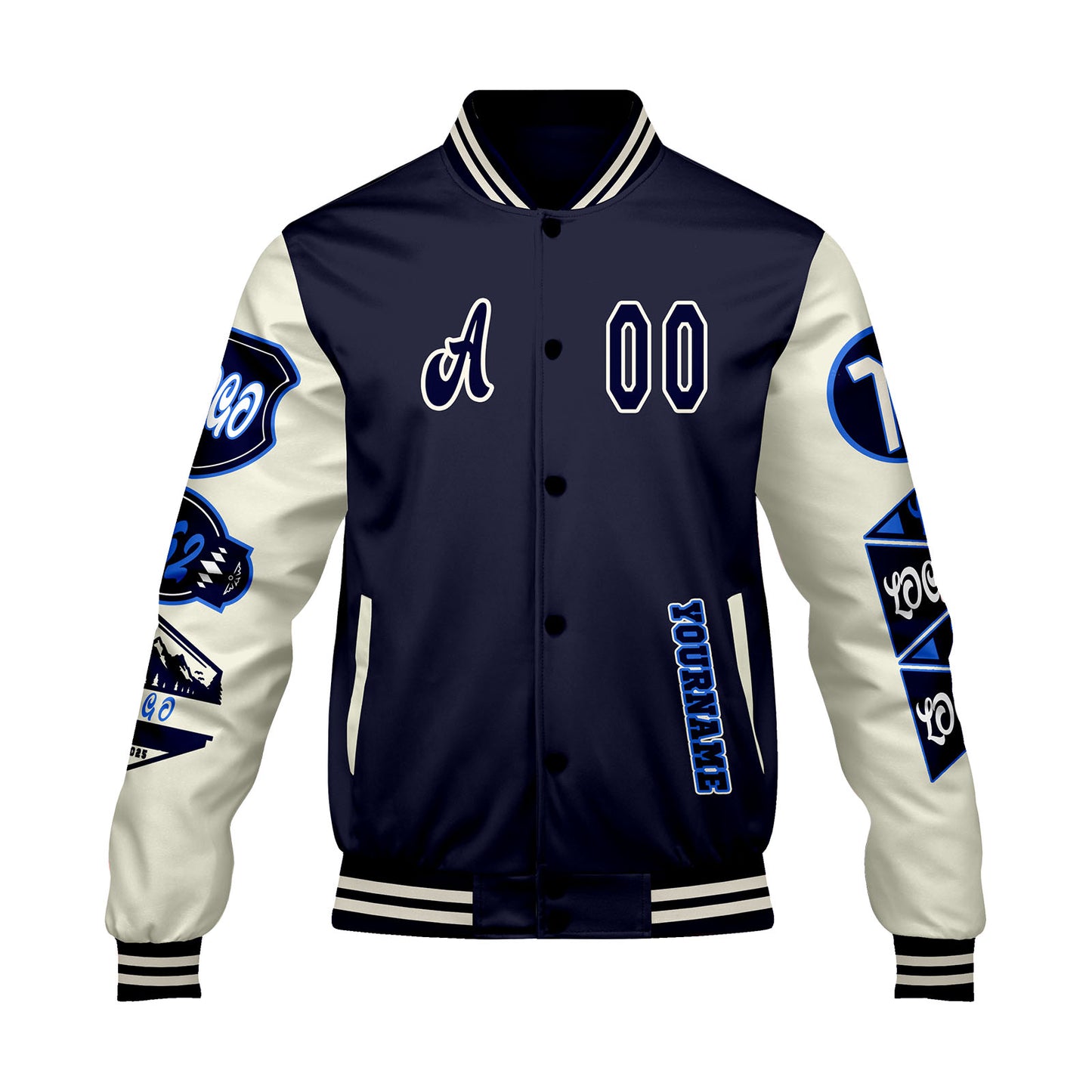 Custom Navy White Letterman Varsity Jacket Personalized Embroidery Printing