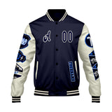 Custom Navy White Letterman Varsity Jacket Personalized Embroidery Printing