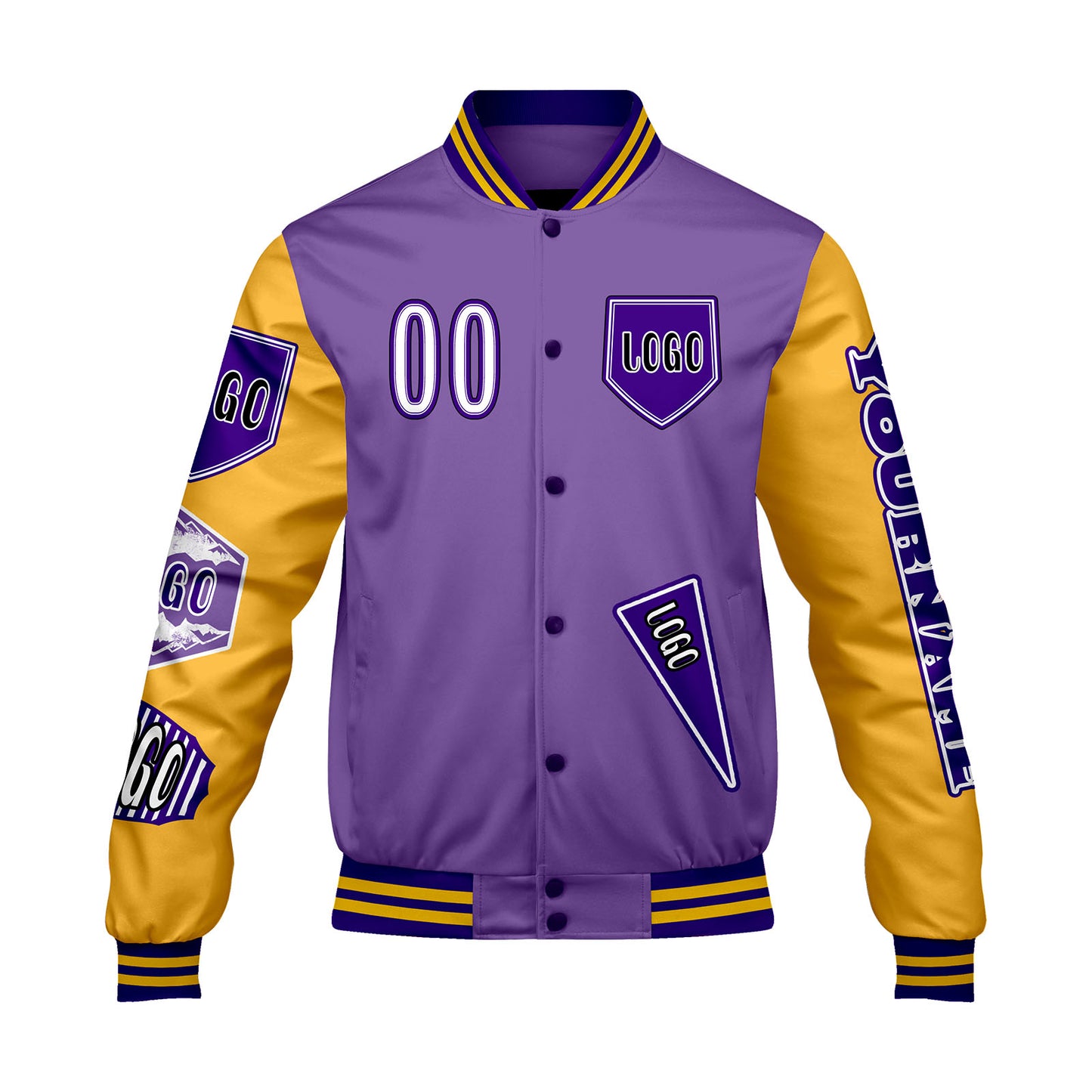 Custom Purple Yellow Letterman Varsity Jacket Personalized Embroidery Printing