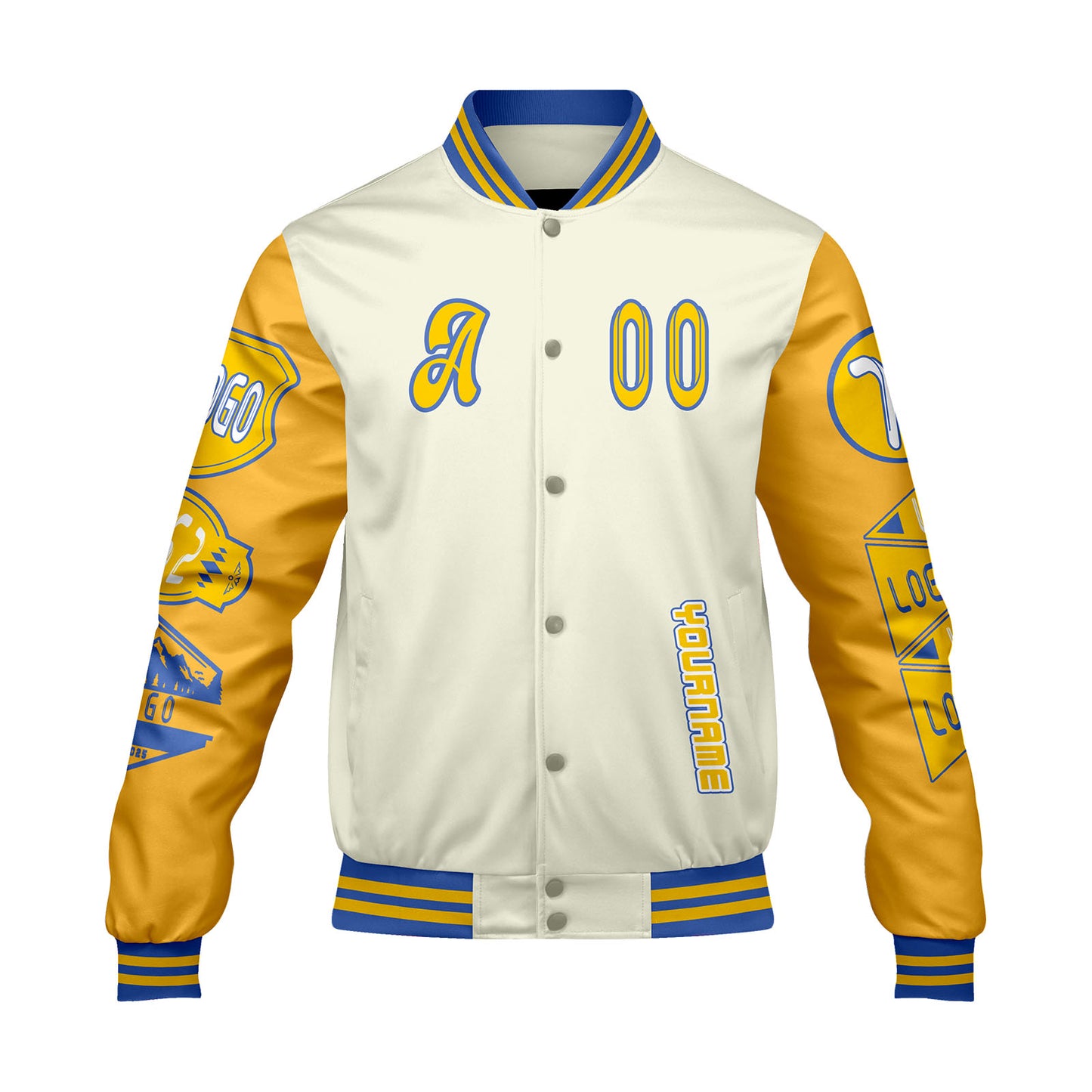 Custom White Yellow Letterman Varsity Jacket Personalized Embroidery Printing