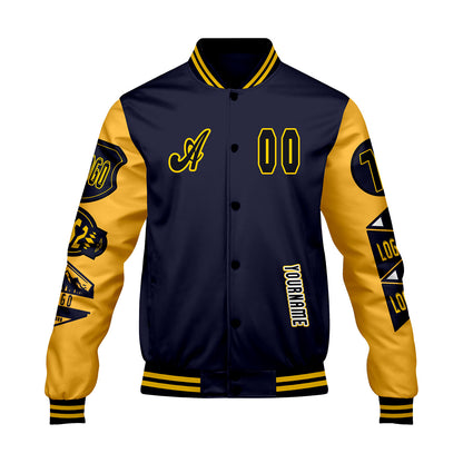 Custom Navy Yellow Letterman Varsity Jacket Personalized Embroidery Printing
